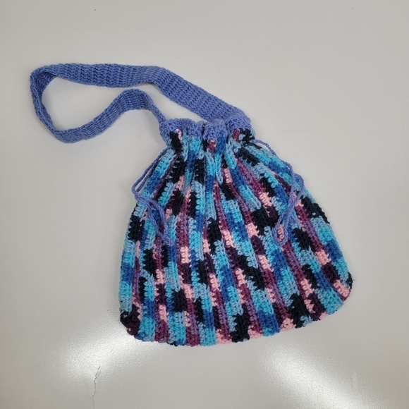 Knit Crochet Shoulder Bag Boho Artisan Hand Made Purse Satchel Purple Drawstring - Picture 8 of 14